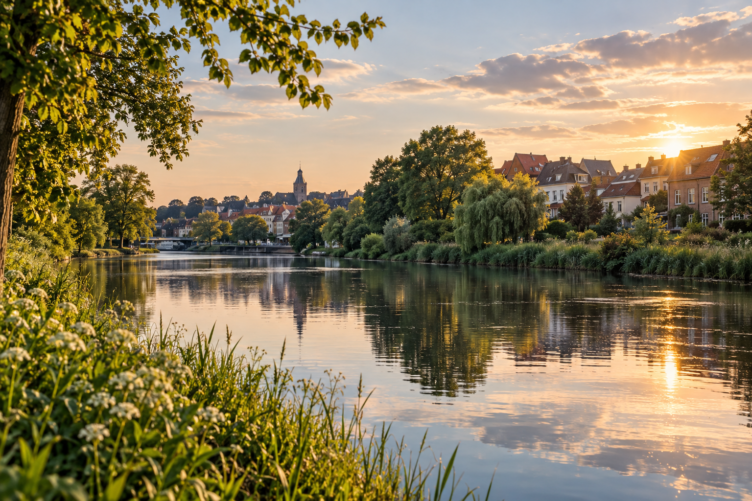 AI-genereret redaktionelt billede af et dansk flodmiljø; ikke et dokumentarfoto af en konkret Randers-lokation